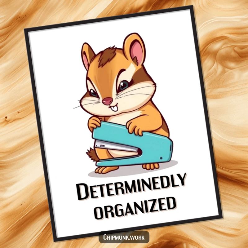 Funny chipmunk with a determined expression using a miniature stapler, a humorous digital art print for instant motivation.