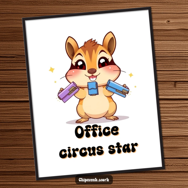 Funny chipmunk digital art print of an excited chipmunk juggling staplers, perfect for humorous and lively decor.
