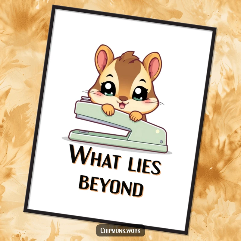 Funny kawaii chipmunk digital art print showing a cute squirrel with big eyes peeking from behind a large stapler.