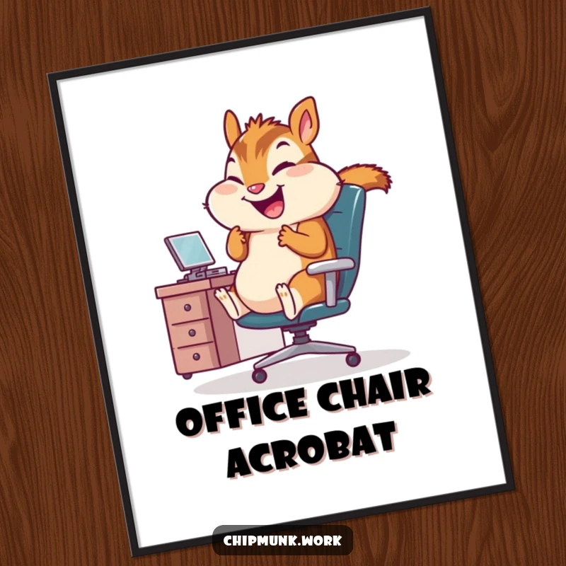 Funny Office Chipmunk Digital Art Print: High-quality art of a chipmunk gleefully spinning in a tiny office chair, ideal for humorous office decor.