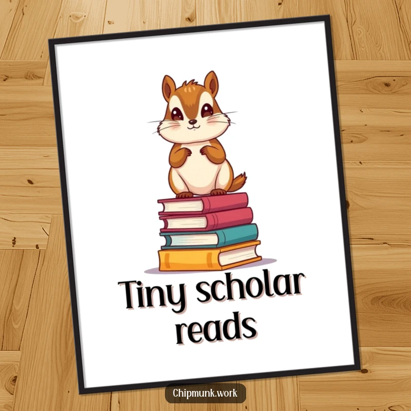Funny Scholar Chipmunk Digital Art Print: High-quality art of a proud chipmunk standing on a stack of tiny books, ideal for literary decor.