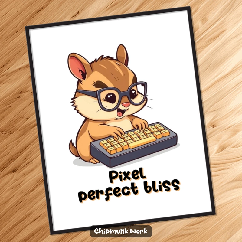 Funny digital art of a chibi chipmunk in glasses, furiously typing on a mini keyboard.