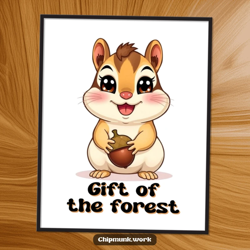 Funny Happy Chipmunk Digital Art Print of a cheerful chipmunk presenting an acorn, offering a humorous and heartwarming visual for wall decor, a wonderful funny gift.