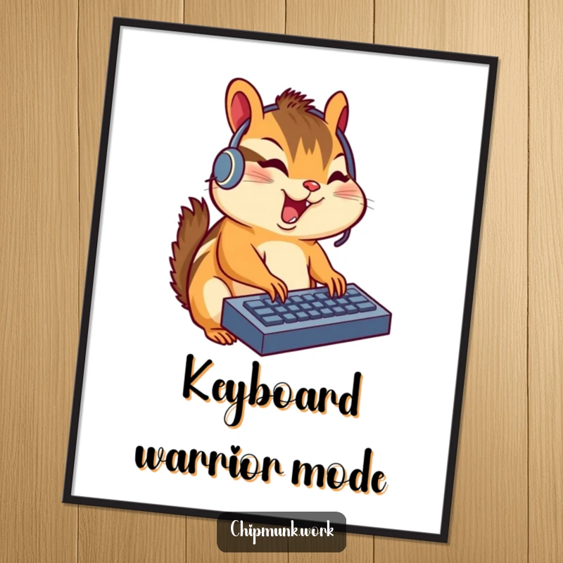 Funny chipmunk wearing a headset, excitedly typing on a miniature keyboard, available as a digital art print for gamer decor.