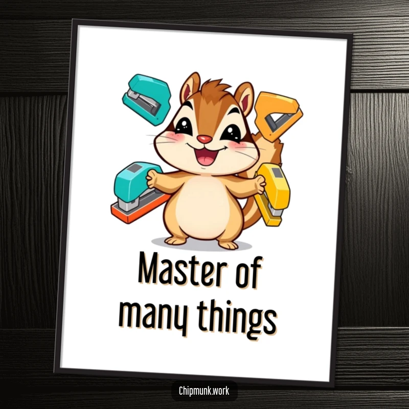 Funny chipmunk digital art print, a grinning animal juggling colorful staplers, instant humor.