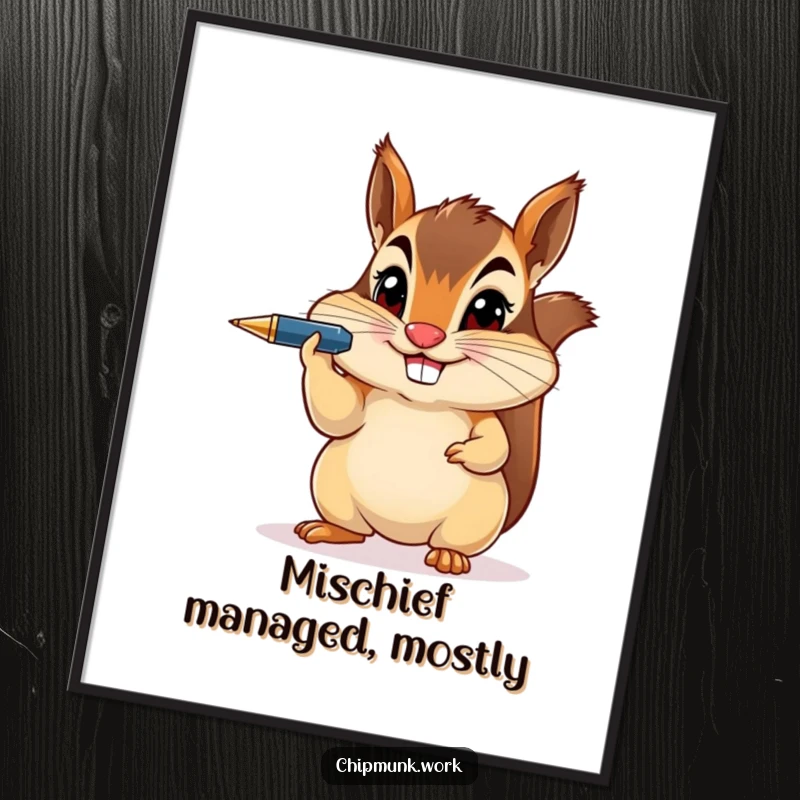 Funny chipmunk balancing a pen on its nose with a mischievous grin, high-resolution digital art print.