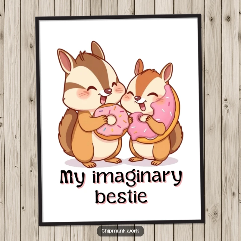 Funny chipmunk winking and sharing a donut with an invisible friend, as a digital art print, conveying playful secrets and sweet humor, perfect for gifting.