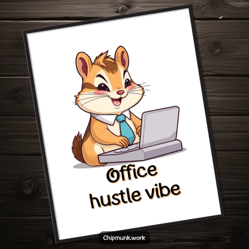 Funny Chipmunk Digital Art: Artistic print of a chipmunk in a tiny tie, typing furiously with a smile, representing office humor, a funny gift.