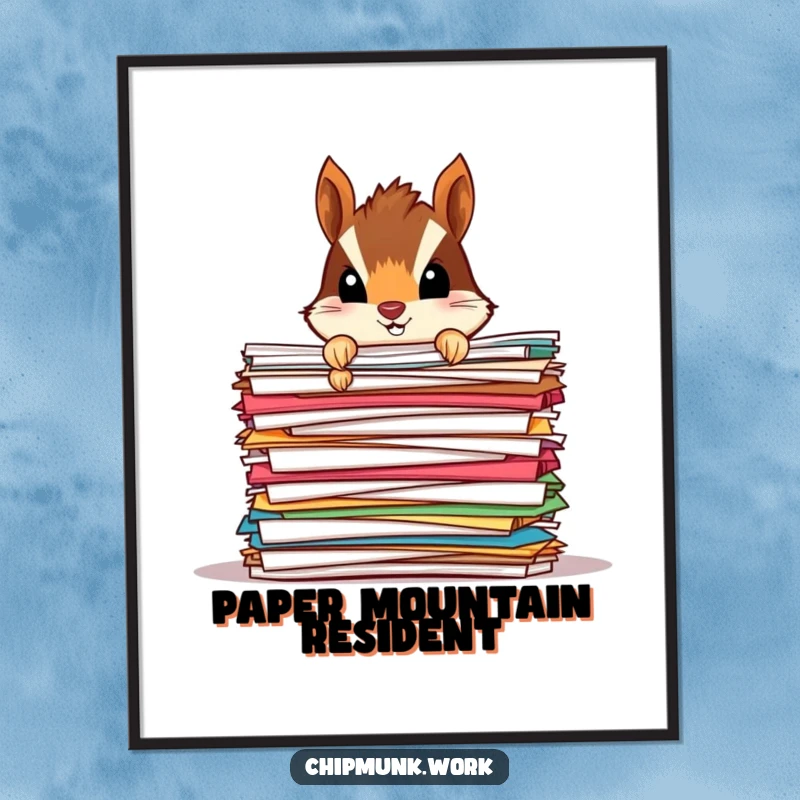 Funny Chipmunk Paper Mound Digital Art Print: Humorous artwork of a tiny chipmunk peeking from behind a large stack of colorful papers.