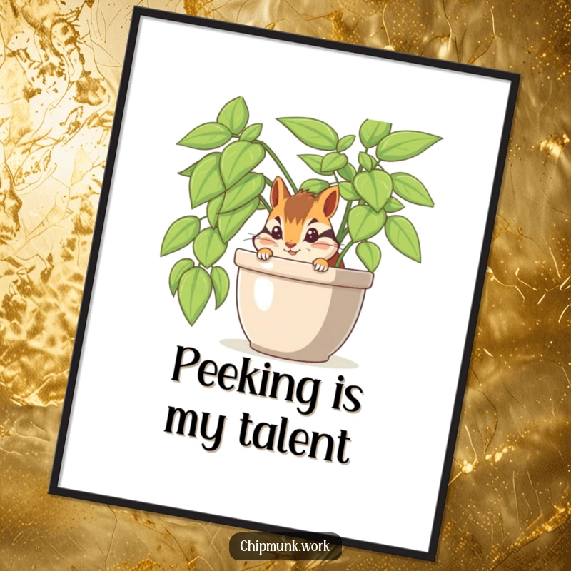 Funny chipmunk peeking from a potted office plant, available as an instant download digital art print.