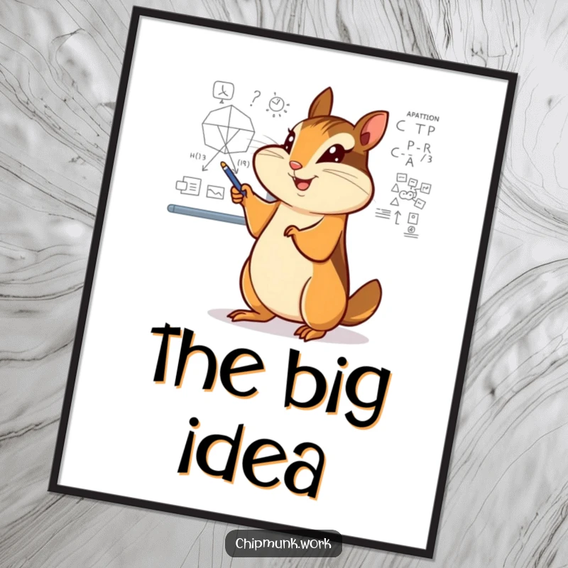 Funny chipmunk digital art print, enthusiastically pointing at a complex diagram on a whiteboard, radiating cleverness.