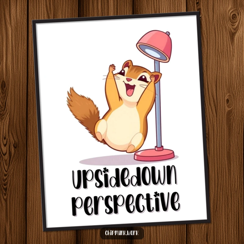 Funny chipmunk digital art print, hanging upside down from a desk lamp, giggling with infectious joy and mischief.