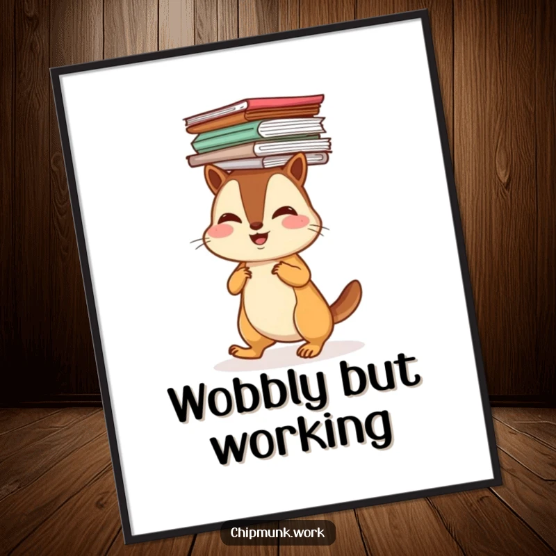 Funny digital artwork of a chipmunk balancing a stack of papers on its head, a humorous and motivational piece for instant download.