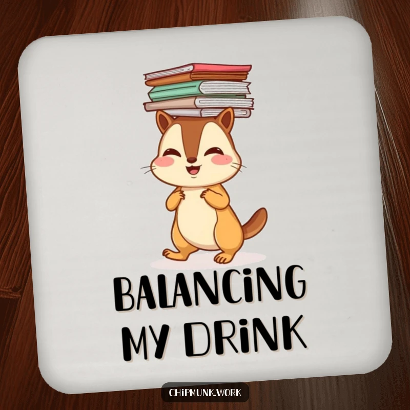 Funny chipmunk balancing a stack of papers on its head, on a drink coaster, adding a professional and humorous element.