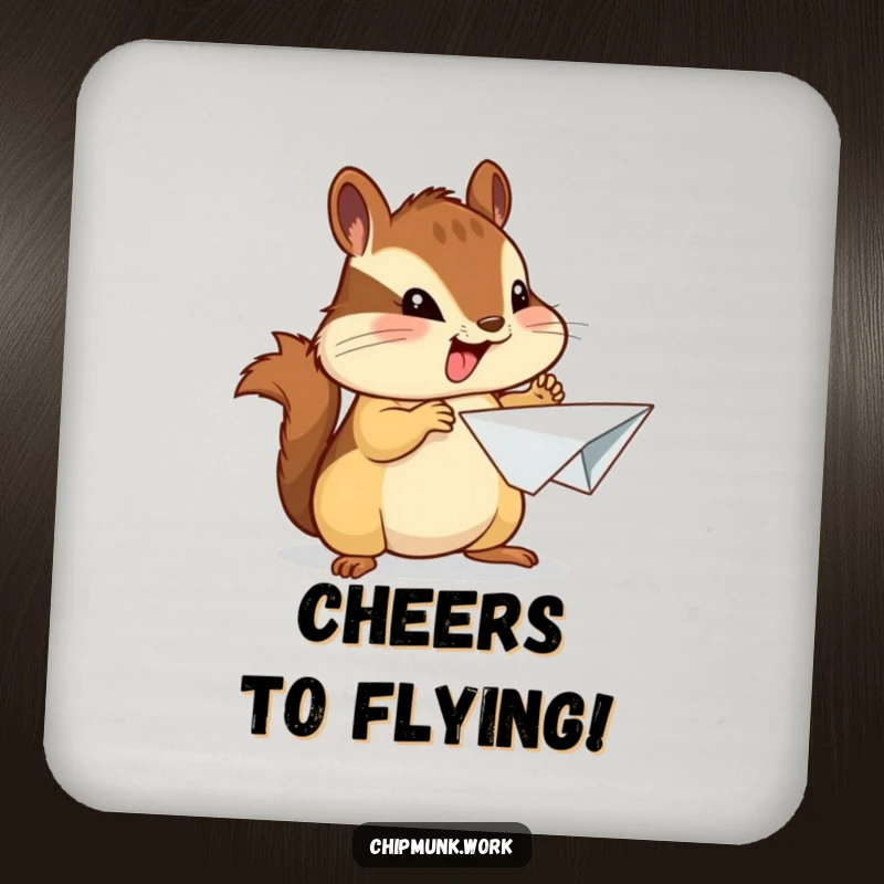 Funny chipmunk drink coaster with an enthusiastic chipmunk proudly presenting a crumpled paper airplane, adding pride.