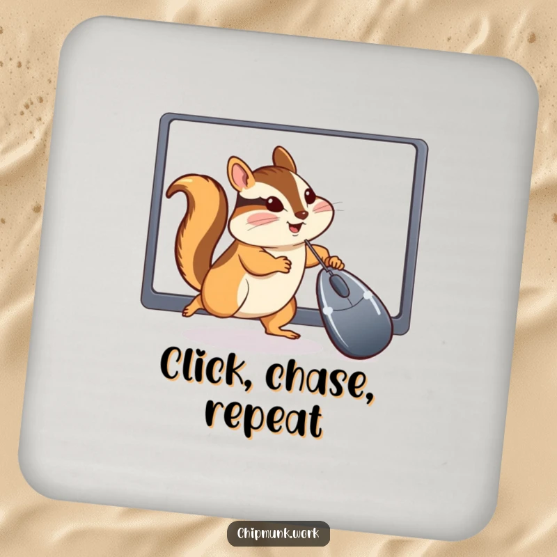 Funny Chipmunk Coaster: Protective coaster showcasing a chipmunk playfully attempting to catch a computer mouse cursor, offering desk humor.