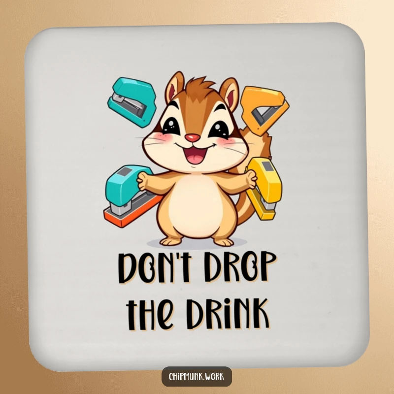 Funny chipmunk coaster, a grinning critter juggling colorful staplers, perfect desk accessory.