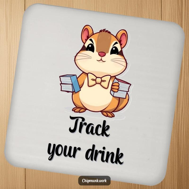 Funny drink coaster featuring a determined chipmunk in a bowtie holding a stack of charts, protecting surfaces with business humor.