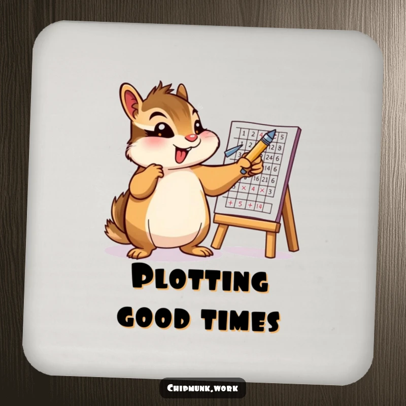 Funny drink coaster with an enthusiastic chipmunk character gesturing with a pen towards a chart. Adds humor and protects surfaces.
