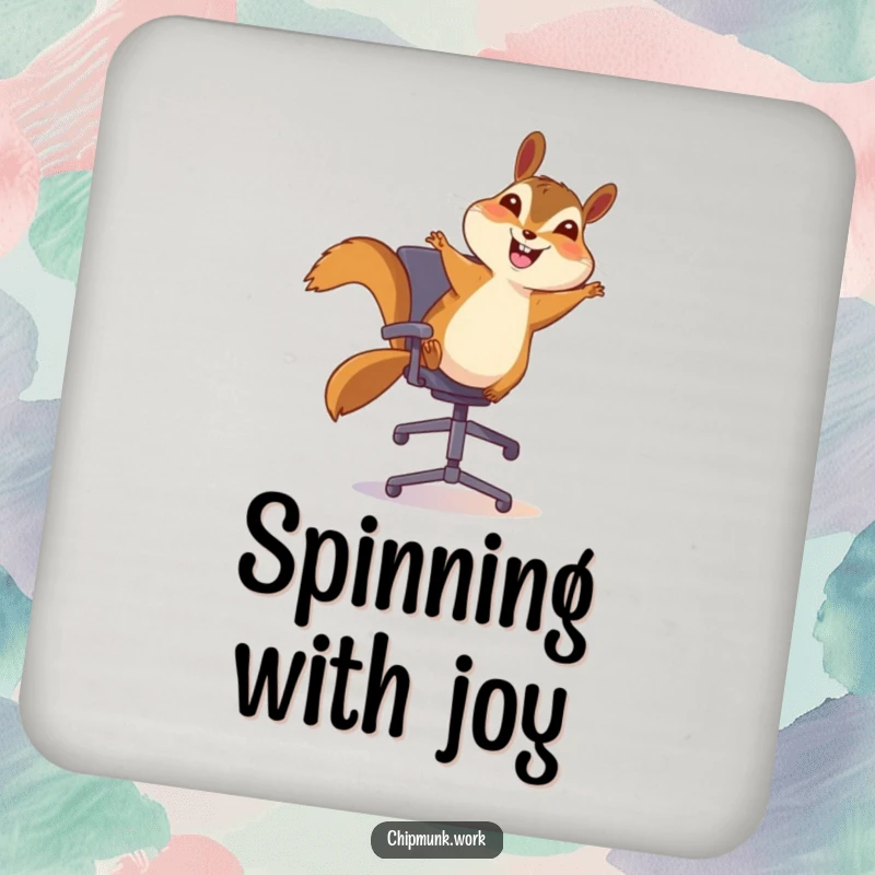 Funny chipmunk drink coaster, happily bouncing on an office chair with a big smile, perfect for adding cheer to surfaces.