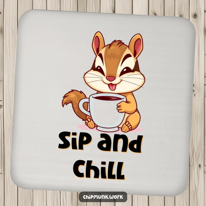 Funny chipmunk coaster featuring a goofy smiling chipmunk with a tiny coffee cup, protecting surfaces with humor.