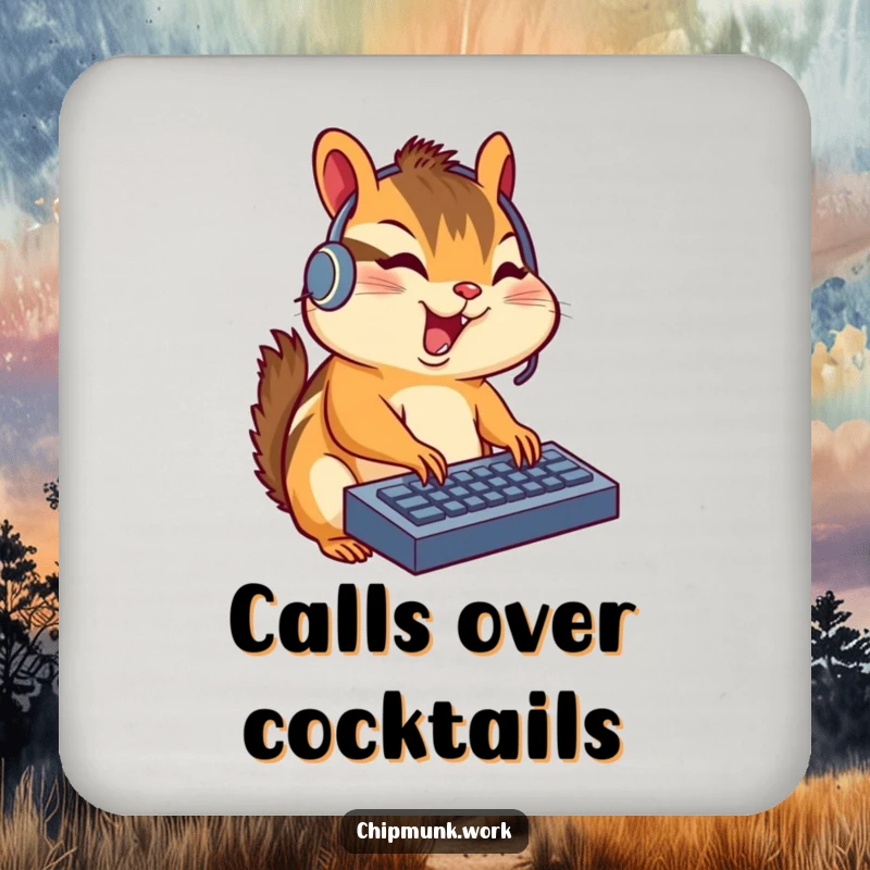 Funny chipmunk wearing a headset typing on a keyboard, featured on a coaster for humorous surface protection.
