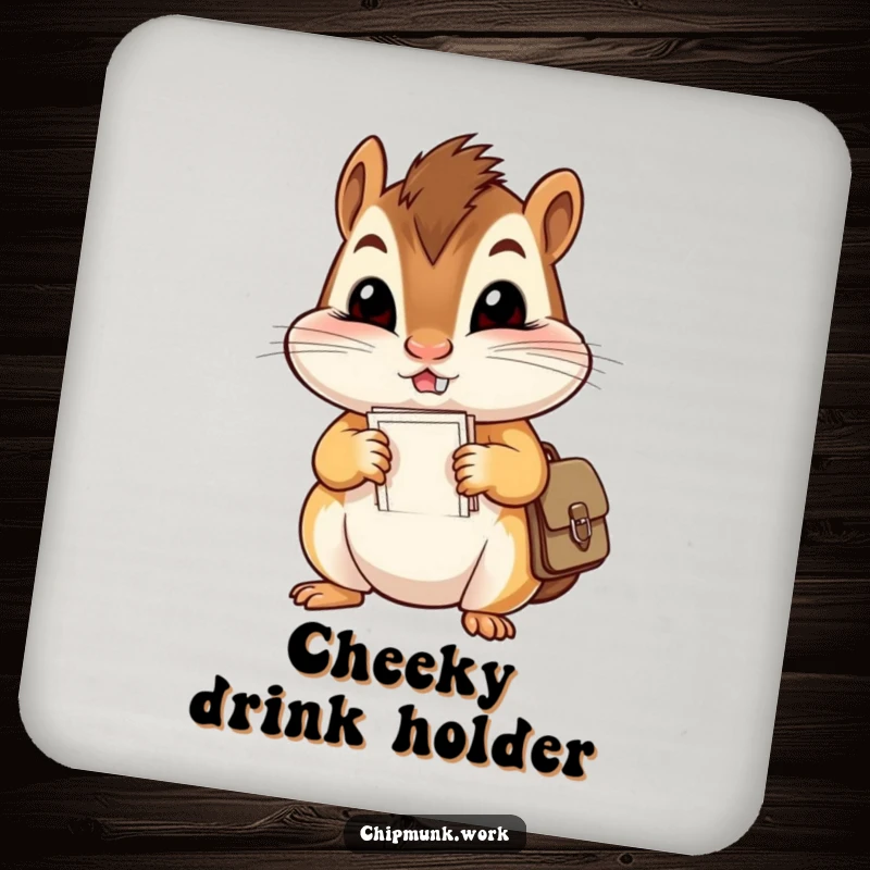 Funny drink coaster featuring a mischievous chipmunk with comically large cheeks stuffing papers into a tiny satchel, protecting surfaces with humor.