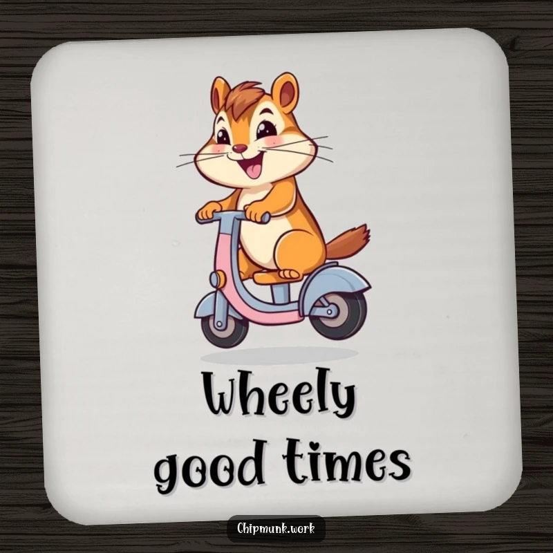 Funny chipmunk riding a desk chair scooter on a drink coaster, adding humor and surface protection, ideal for a quirky gift.
