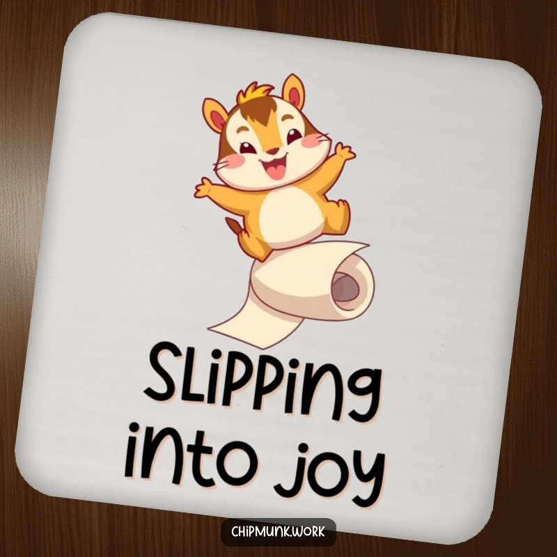 Funny drink coaster with an energetic chipmunk character sliding down a paper roll. Adds humor and protects surfaces.
