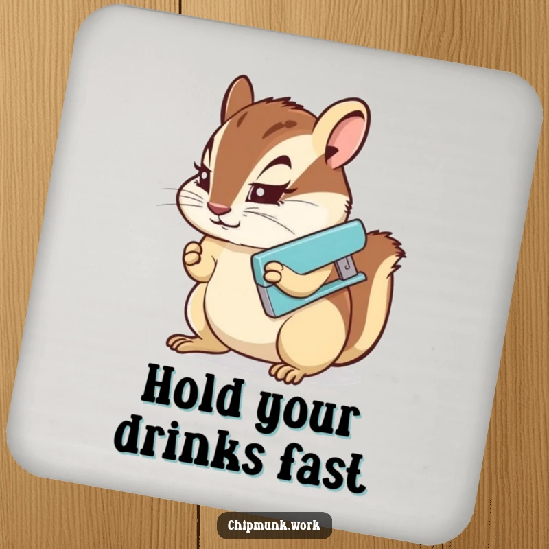 Funny Coaster: A determined chipmunk using a miniature stapler, adding a touch of office humor and protection.