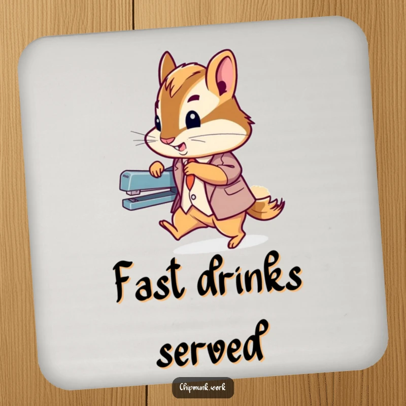 Funny chipmunk in a suited zipping past a stapler, featured on a coaster for humorous surface protection.