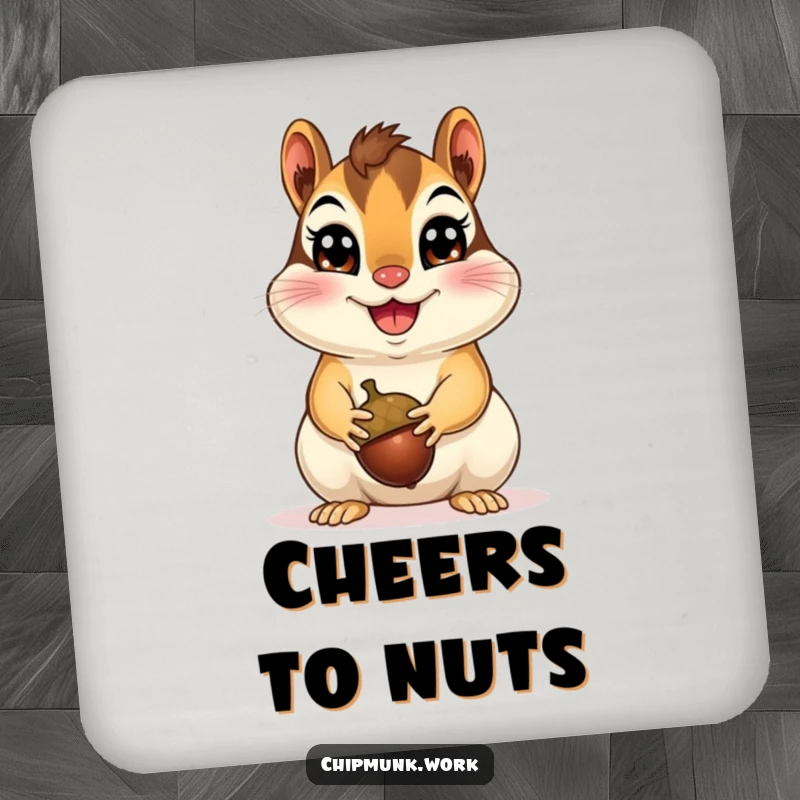 Funny Happy Chipmunk Drink Coaster showing a cheerful chipmunk presenting an acorn, providing a humorous and protective element for tables, ideal for happy spaces.