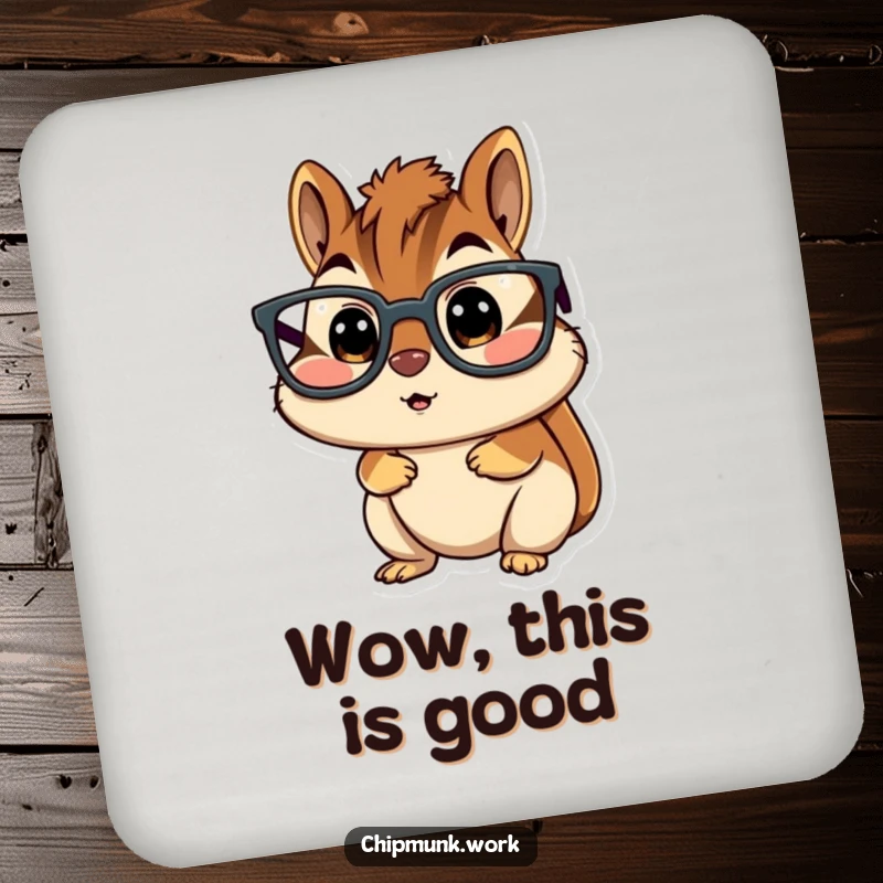 Funny chipmunk drink coaster, character wearing oversized glasses, looking comically surprised, a humorous and protective addition.