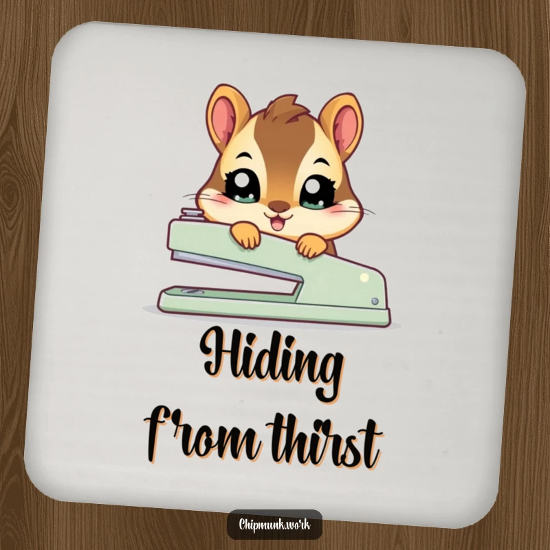 Funny kawaii chipmunk coaster featuring a wide-eyed squirrel peeking from behind a large office stapler.