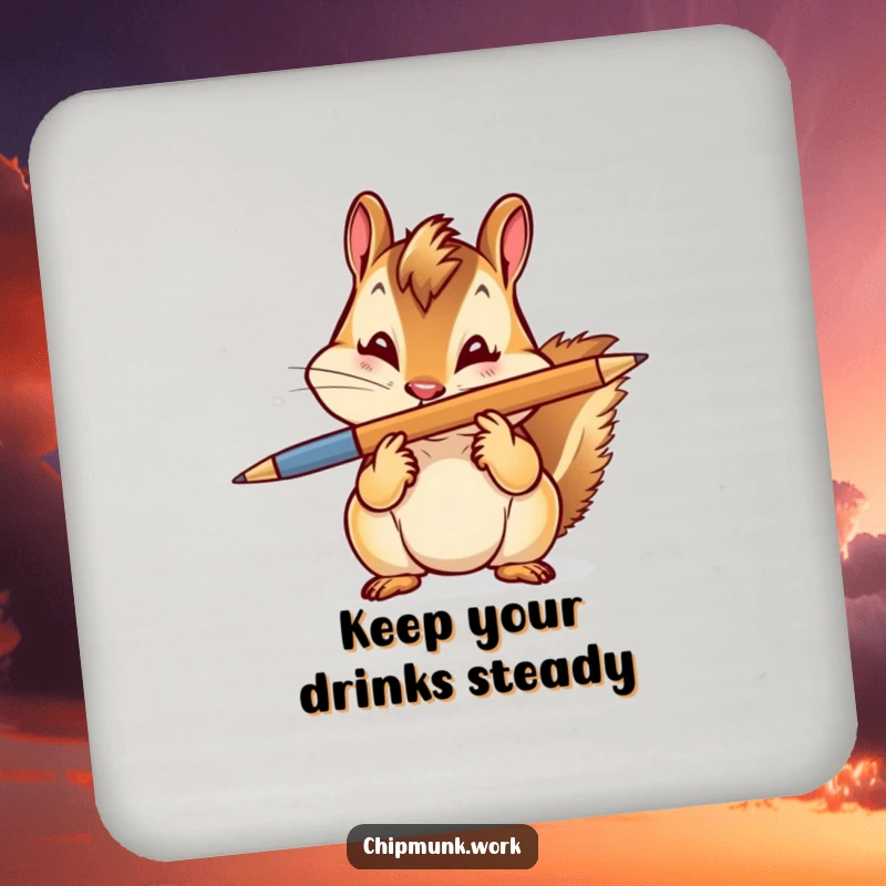 Funny Coaster: A chipmunk balancing a pen on its nose with a playful wink, adding a touch of witty humor.