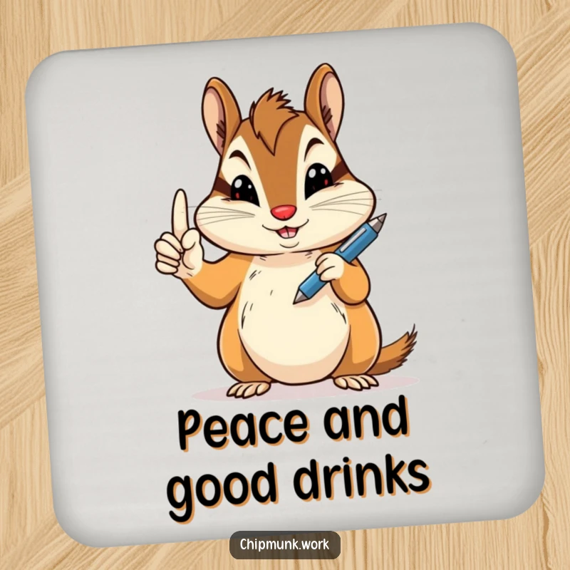 Funny peace sign chipmunk coaster showing a chipmunk holding a pen jauntily, excellent funny gift.