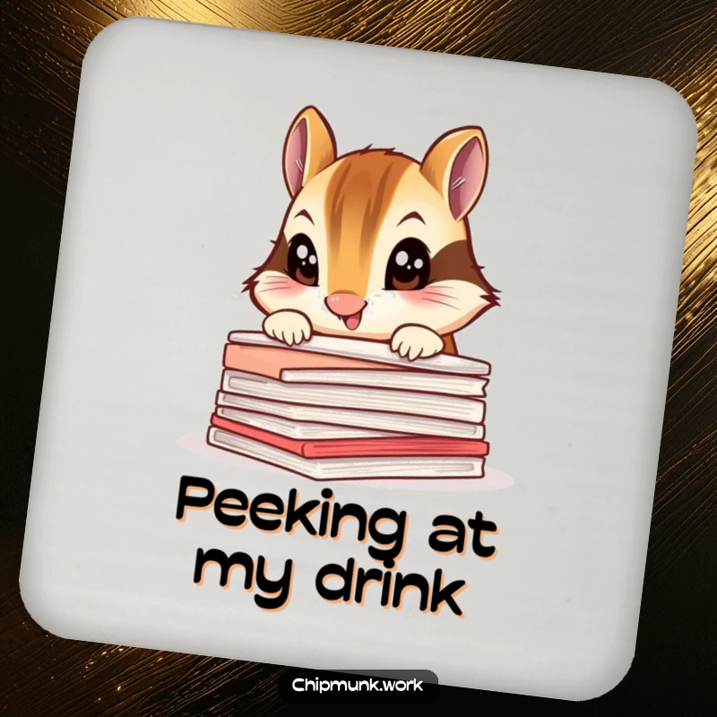 Funny chipmunk coaster, a curious critter peeking over a stack of papers, perfect desk accessory.