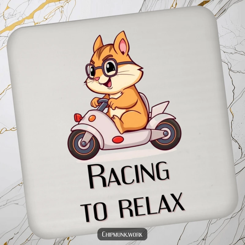 Funny chipmunk racing an office chair like a car, featured on a protective drink coaster.