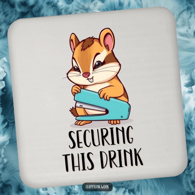Funny chipmunk determinedly using a miniature stapler on a drink coaster, protecting surfaces with a humorous touch.