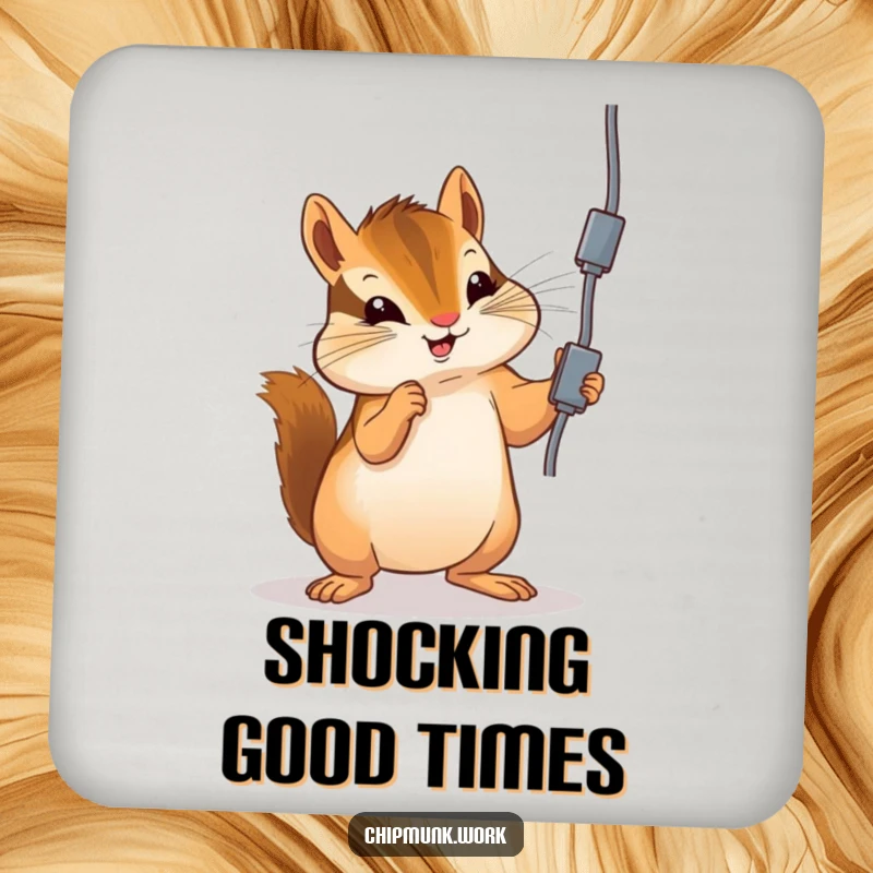 Funny chipmunk coaster featuring a chipmunk playfully batting at a dangling electrical cord, protecting surfaces with humor.