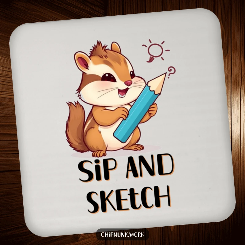 Funny chipmunk drink coaster, a tiny artist holding a giant pencil, sketching a silly idea, protecting surfaces with humor.