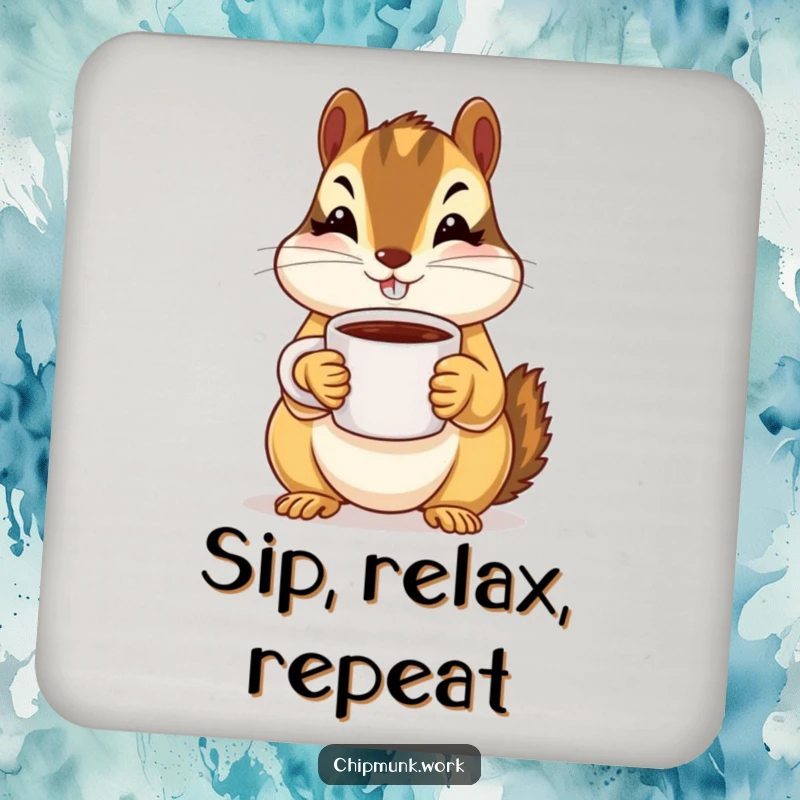 Funny chipmunk holding a tiny coffee mug with both paws, printed on protective drink coasters.