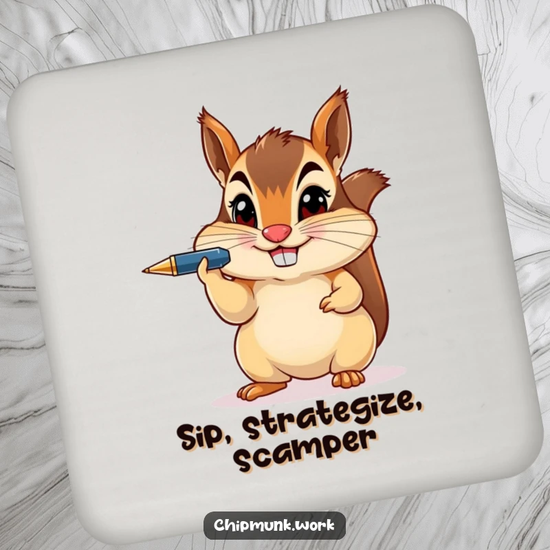 Funny chipmunk balancing a pen on its nose, printed on protective drink coasters for a touch of humor.