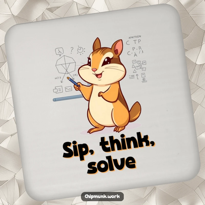 Funny chipmunk coaster, enthusiastically pointing at a complex diagram on a whiteboard, protecting tables cleverly.