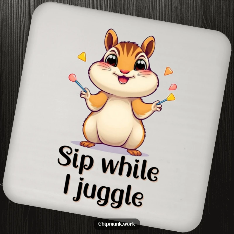 Funny Chipmunk Coaster: Chipmunk juggling staplers with wide, excited eyes, adding playful chaos, a funny gift.
