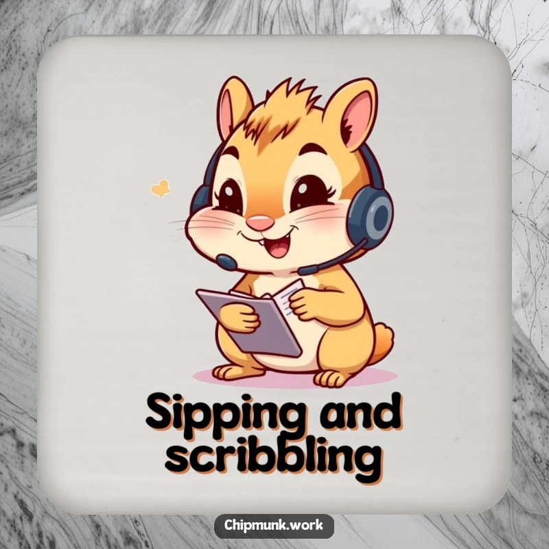 Funny chipmunk drink coaster, character wearing a headset, diligently taking notes, a humorous and protective addition to any surface.