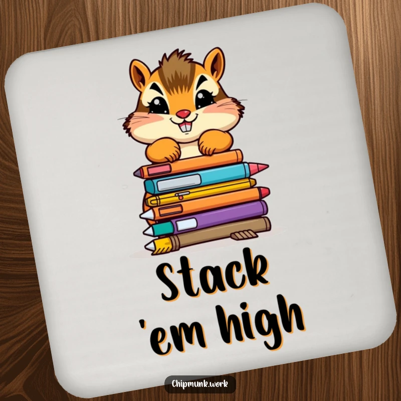 Funny chipmunk drink coaster with a determined creature stacking colorful, wobbly office supplies, protecting surfaces.