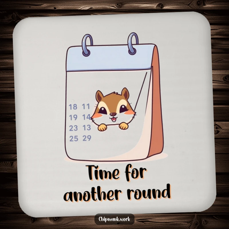 Funny chipmunk peeking from behind a calendar on a drink coaster, offering humorous surface protection.