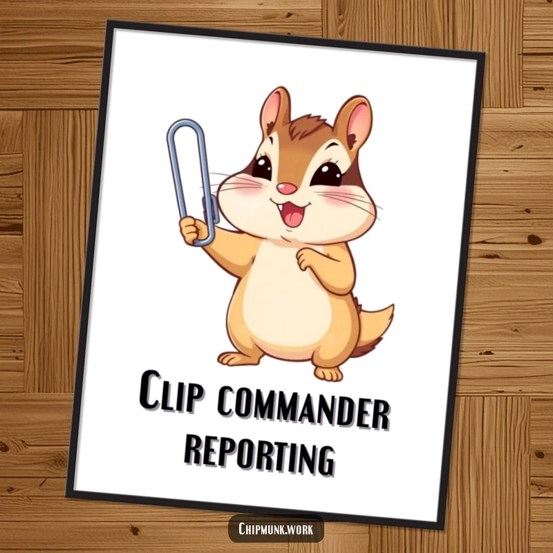 Funny chipmunk triumphantly holding a tiny, oversized paperclip, a humorous poster print for a funny gift.