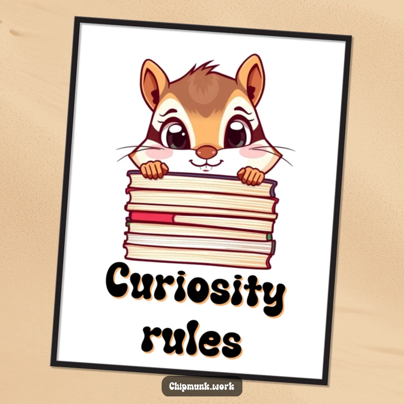 Funny chipmunk poster of a curious chipmunk peeking over a stack of files with wide, inquisitive eyes, decor.